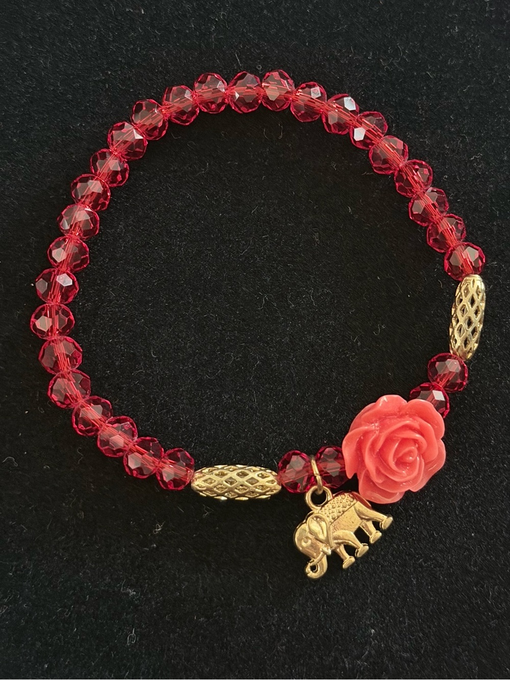 Gold Elephant Charm Red Bead Bracelet with Coral Rose